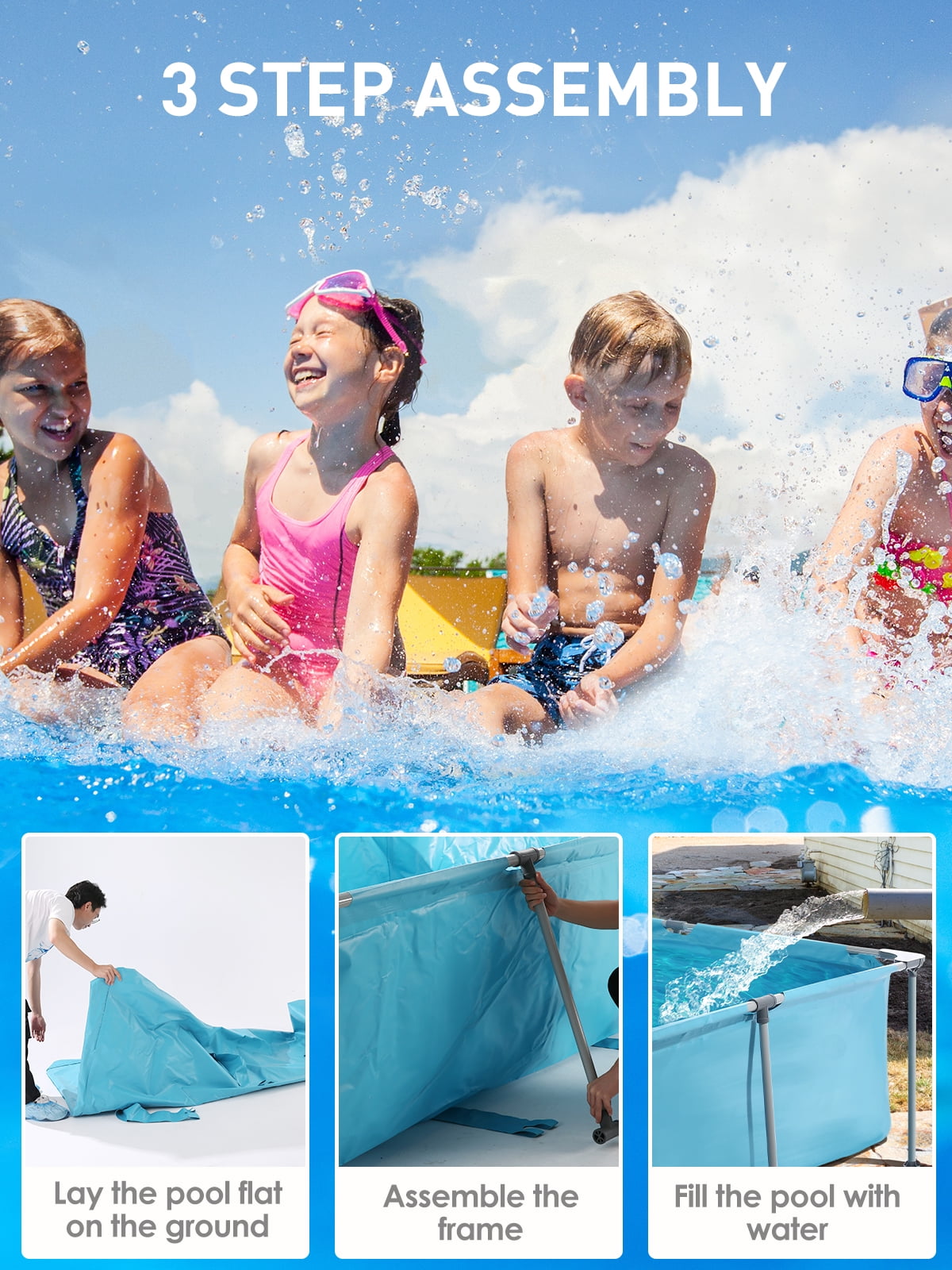 GASKY Rectangular Frame Swimming Pool 15FT Metal Frame Outdoor Backyard Above Ground Swimming Pool Family Kids Splash Frame Swimming Pool Set