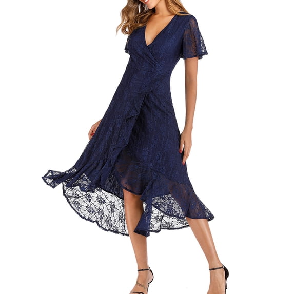 FASHIONWT Women V-Neck Lace Fitted Dress Slit Ruffle Party Dress