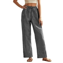 Women's Casual Pants Drawstring Striped Elastic Waist Straight Leg Trousers Trendy Loose Fit Summer Vacation Joggers with Pockets