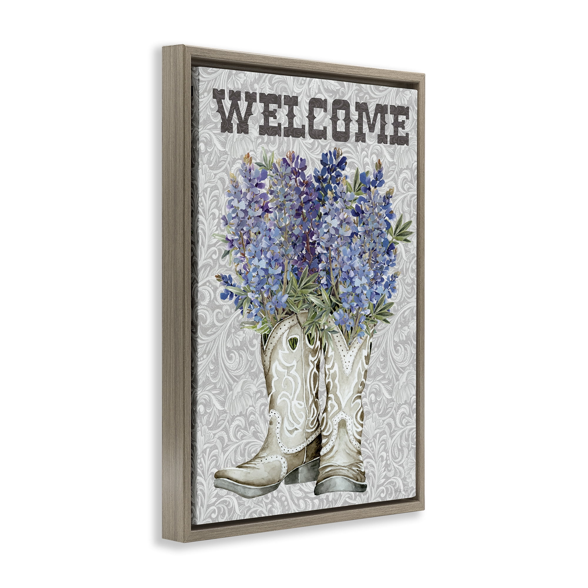 Stupell Industries Welcome Bluebonnet on Paisley Brown Framed Floater Canvas Wall Art, design by Cindy Jacobs