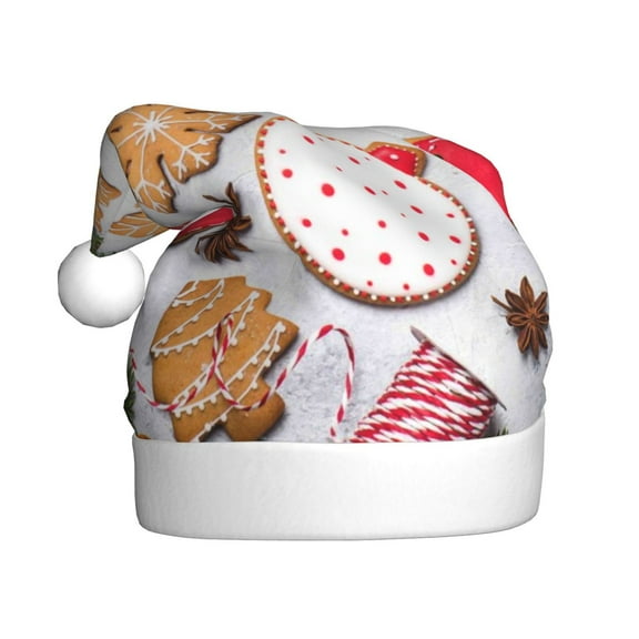 Fuzoiu Christmas Gingerbread Cookies Print Santa Hat Christmas Hat for Adults,Santa Hats with Pompom, Unisex Xmas Holiday Hat for Christmas New Year Festive Party Supplies