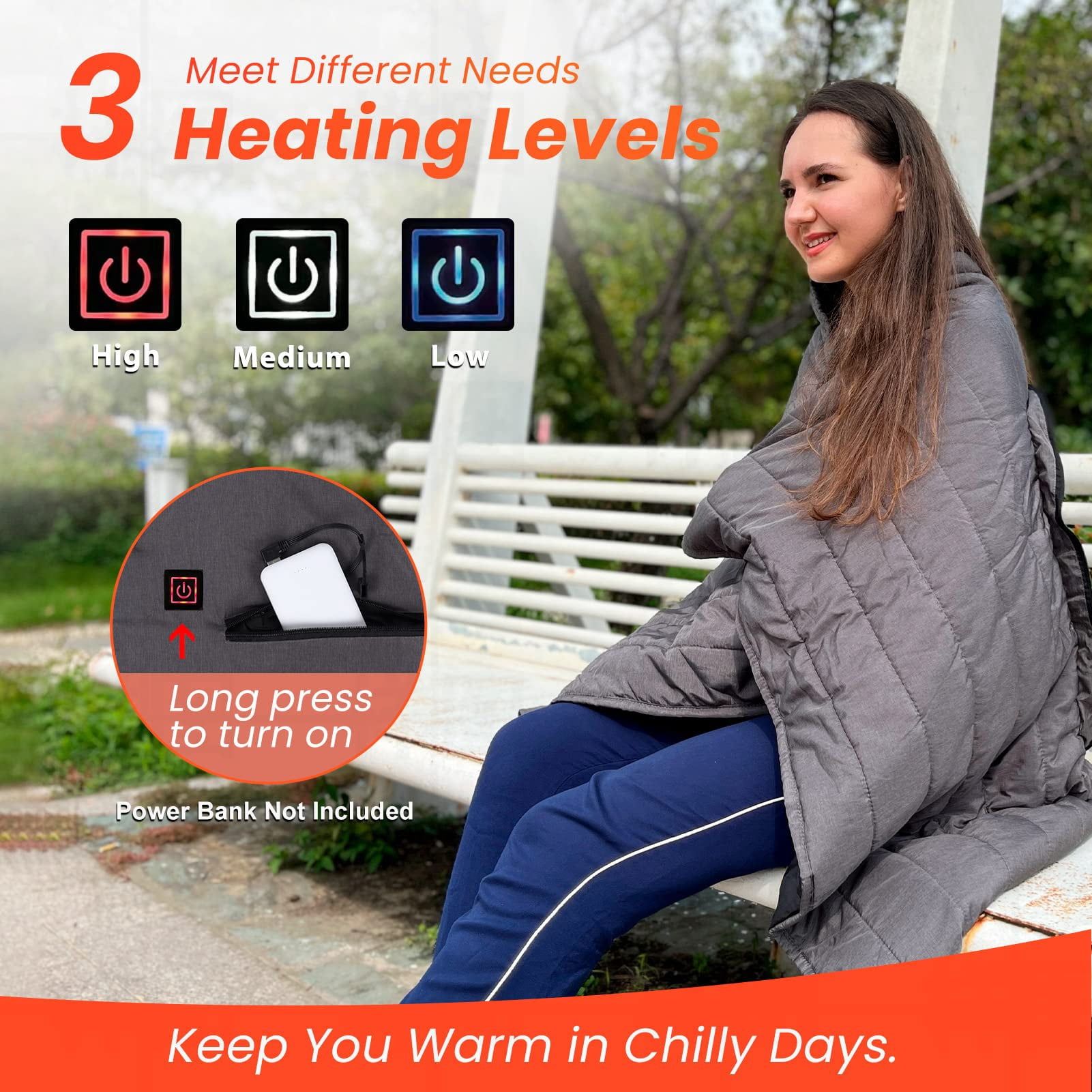 Goallim Portable USB Heated Blanket, 3 Heating Levels Electric Heated Throw  Blanket Pillow Shawl Wrap for Outdoor Home, Car, Camping, Travel, and  Stadium Sports, 58” x 38” (Battery Pack Not Included) - Walmart.com