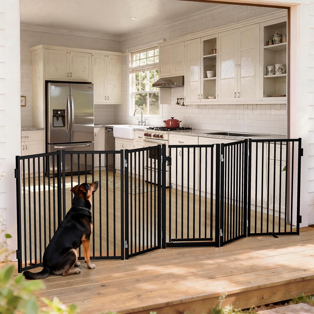 Dog Gate, Domipet 6 Panels Pet Gate Freestanding, 120''Extra Wide Dog Gate 32''Height Pet Playpen for Doorways, Black