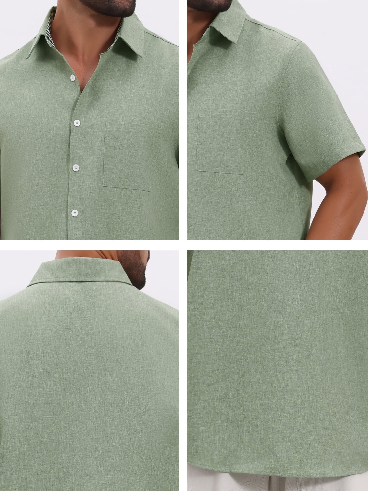DARING DIVA Men's Plain Linen Short Sleeve Contrast Color Collar Shirts S Light Green