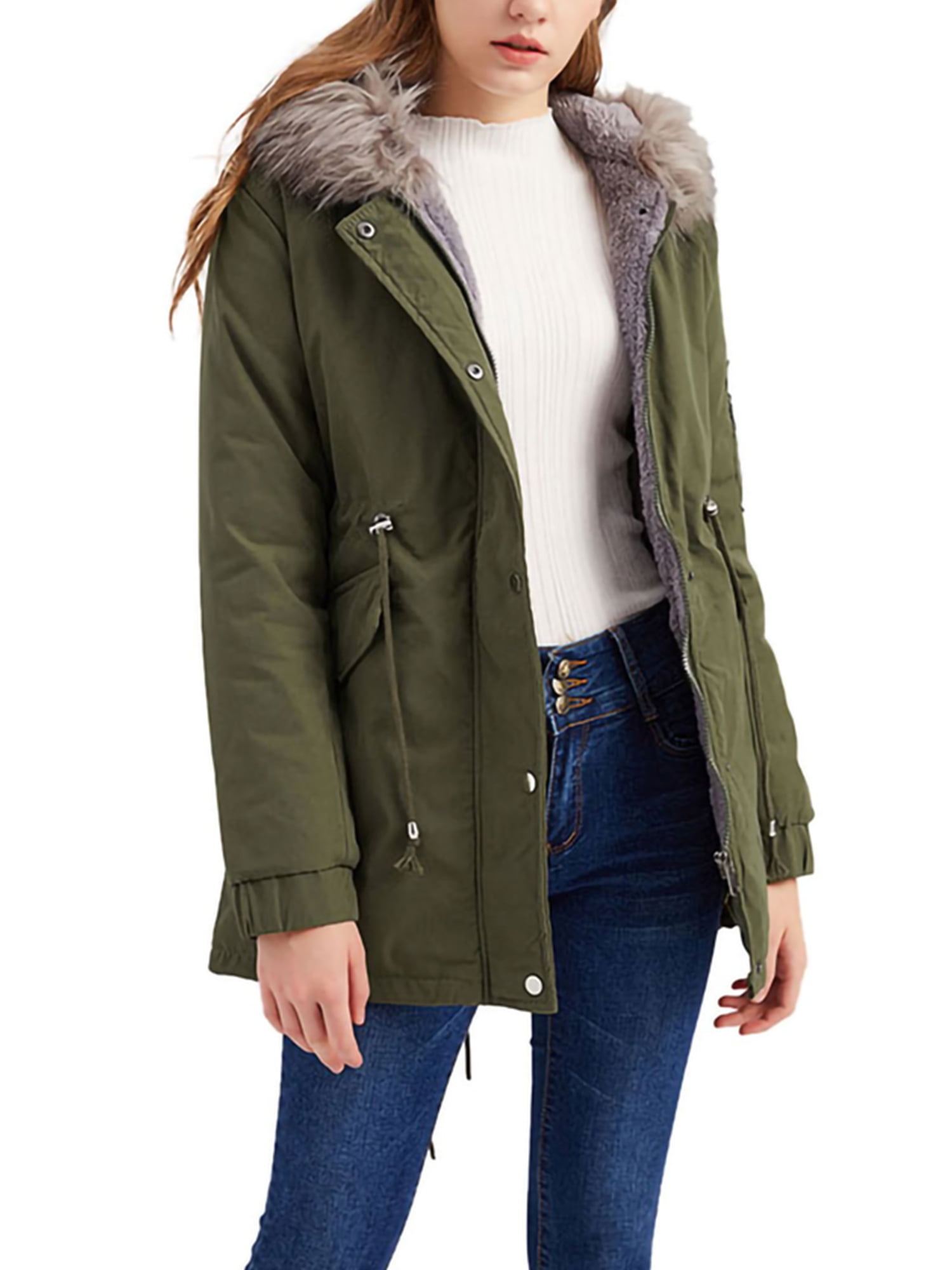 Women's Winter Warm Fur Collar Long Sleeve Hooded Coat Jacket Parka Outwear NEW