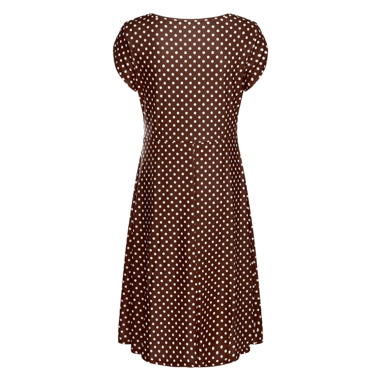 FAVIPT Postpartum Dresses for Women Polka Dot Short Sleeve Crew Neck Maternity Dress Loose Flowy Breastfeeding Dress Brown,M