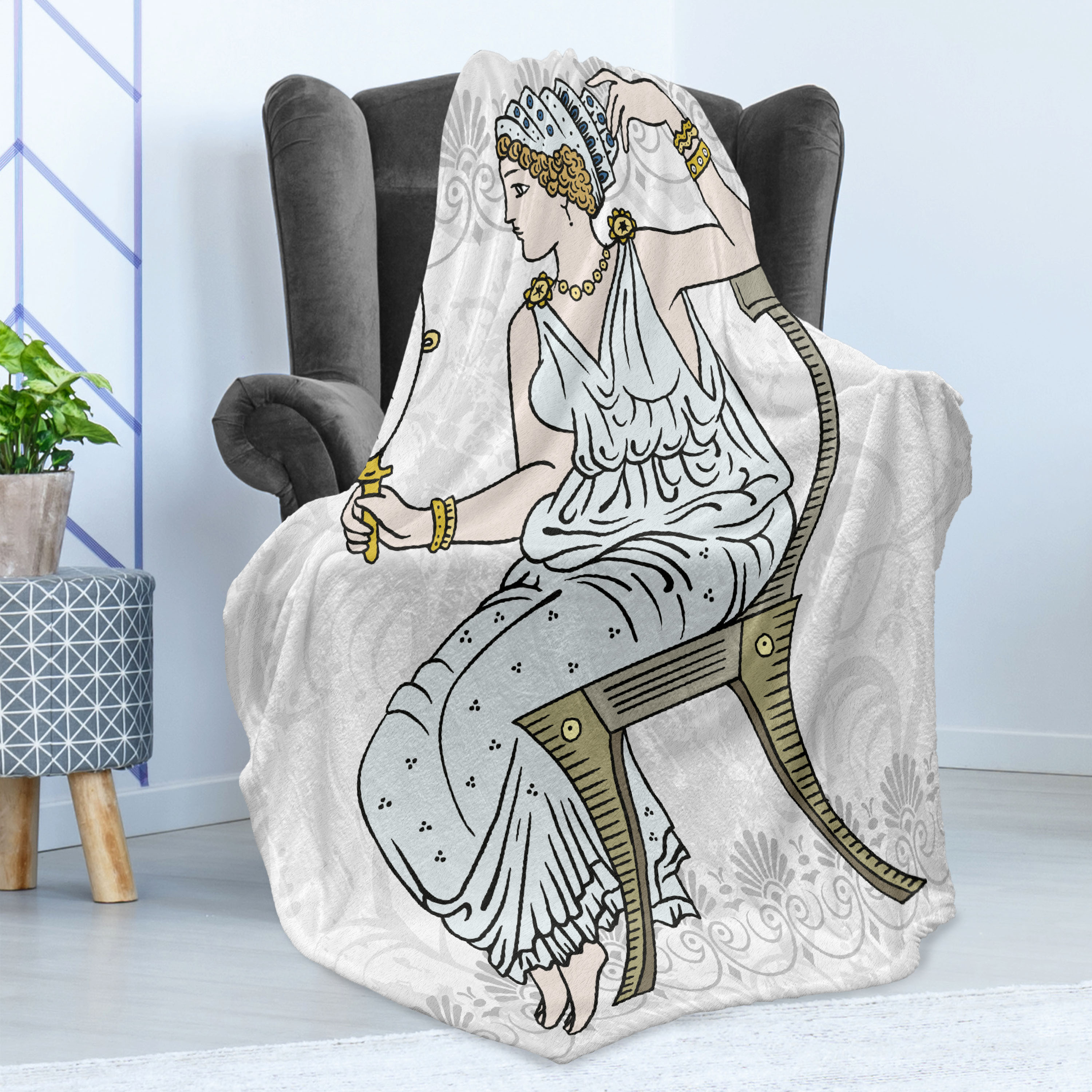 Venus Soft Flannel Fleece Blanket, Greek Woman Silhouette in Toga Sitting on a Chair Holding a Mirror Roman Illustration, Cozy Plush for Indoor and Outdoor Use, 70" x 90", Multicolor, by Ambesonne - image 4 of 5