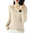 thumbnail image 5 of WTOBBY Women's Casual Lace V-Neck Base Layer Sweater, Knitted Long Sleeve Solid Color Top with Feminine Details, Ideal for Layering and Style,Beige L, 5 of 5