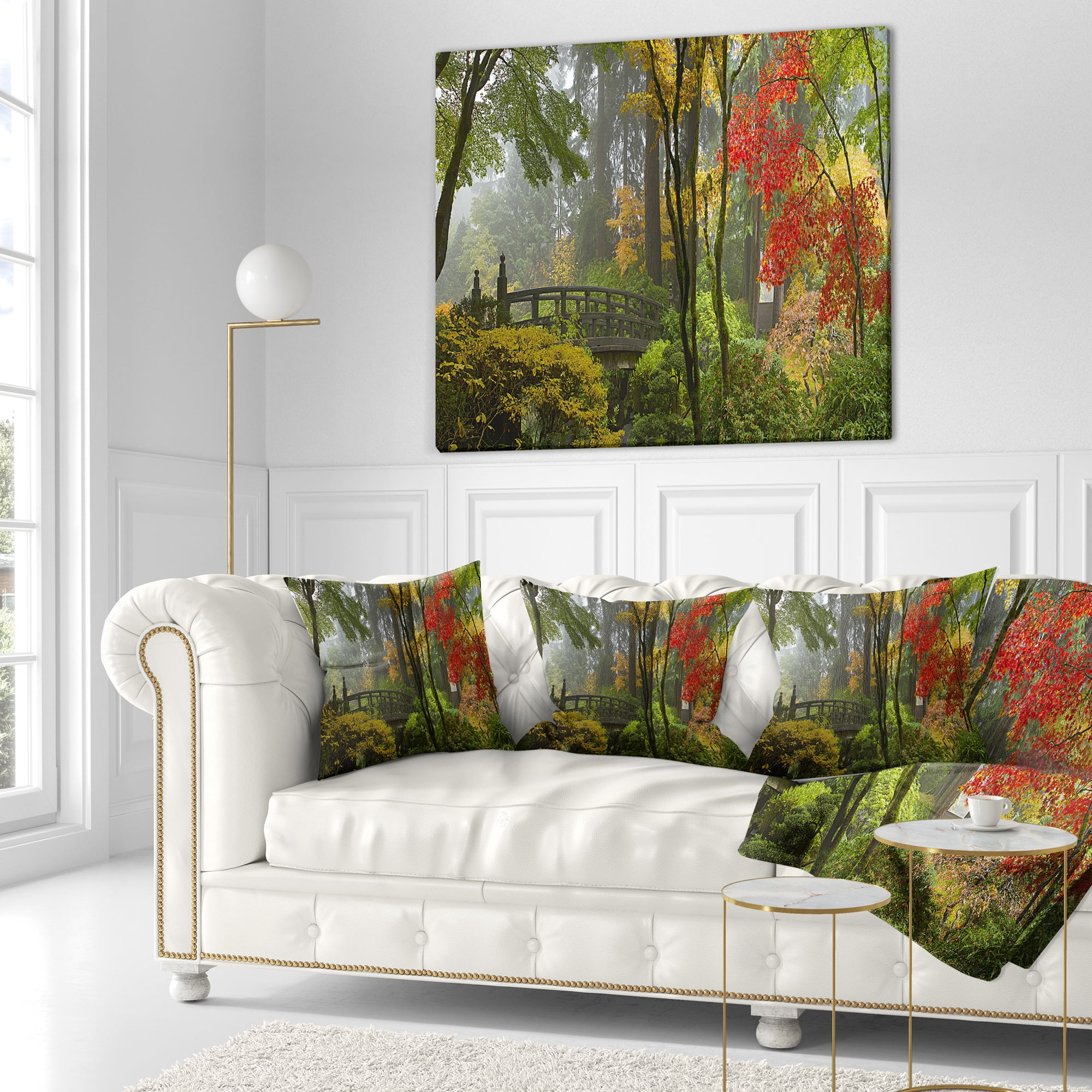 Designart Japanese Wooden Bridge in Fall - Photography Throw Pillow - 18x18