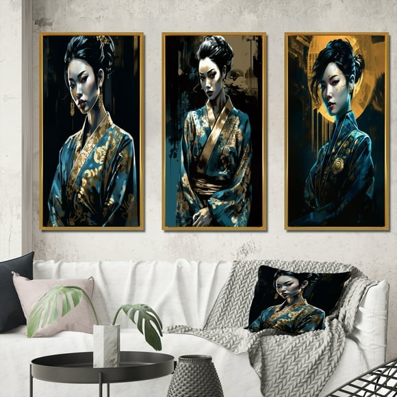 Designart "Modèle Nippon s Grace III" Art Mural Encadré pour Femme Japonaise Ensemble de 3 - Cadre Japon Turquoise pour Décoration de Bureau