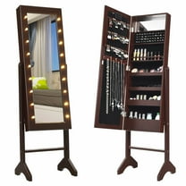 Gymax Full Length Mirror Jewelry Organizer Vanity Box w/ 18 LED Lights Brown