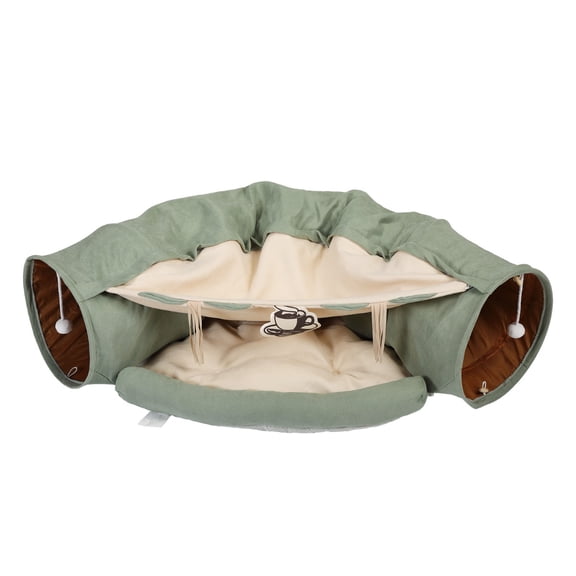 Collapsible Cat Tunnel Bed with Removable Cushion Hanging Toy Balls Cozy Anti-Slip Base Cat House, Green