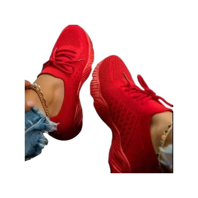MAWCLOS Chaussures Athlétiques pour Femmes Espadrilles de Sport en Maille Chaussures de Course Antidérapantes Tige en Tricot Ballerines de Gym Rouges 6.5