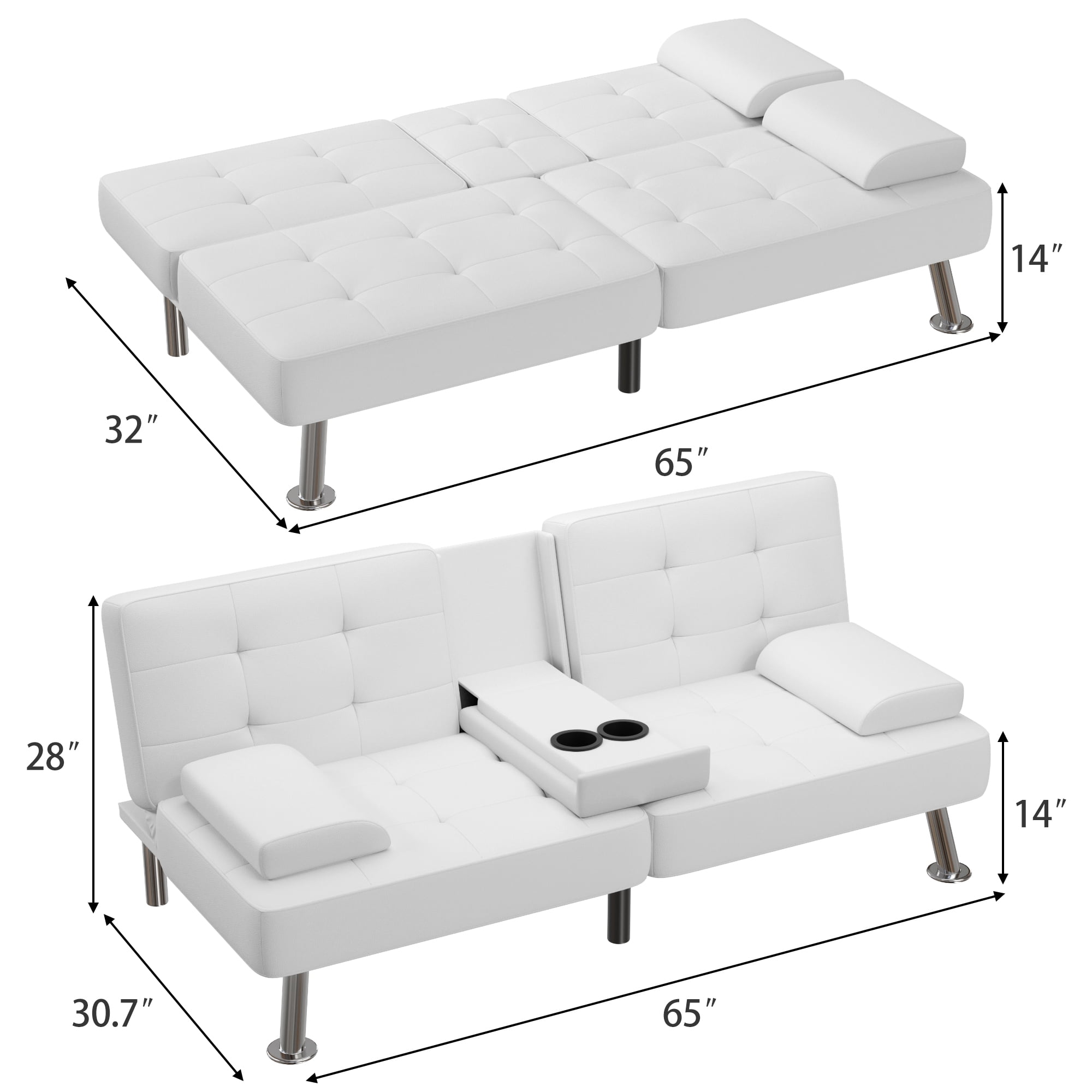 Vineego Futon Sofa Bed Folding Leather Modern Couch with 2 Cup Holders,Removable Armrests,White