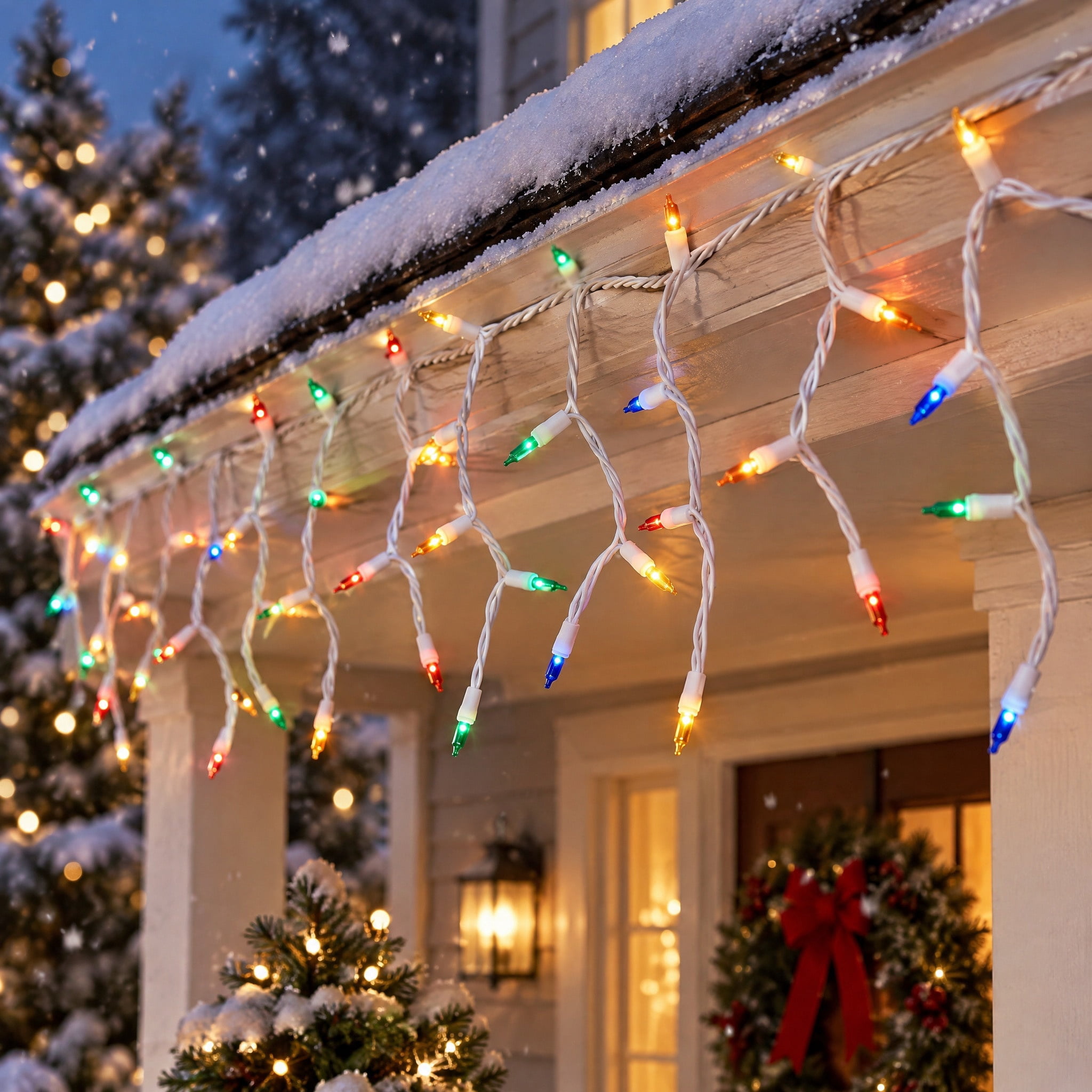 Indoor/Outdoor 200-Count LED 8-Function Sync Christmas Icicle Lights, Multicolor, White Wire, 24', by Holiday Time