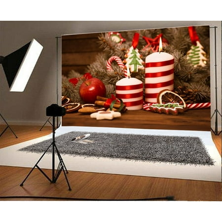 Image of MOHome Christmas Backdrop 7x5ft Photography Backdrop Xmas Decoration Candles Candy Canes Biscuit Pine Twigs Wood Plank New Year Festival Celebration Children Baby Kids Photos Video Studio Props
