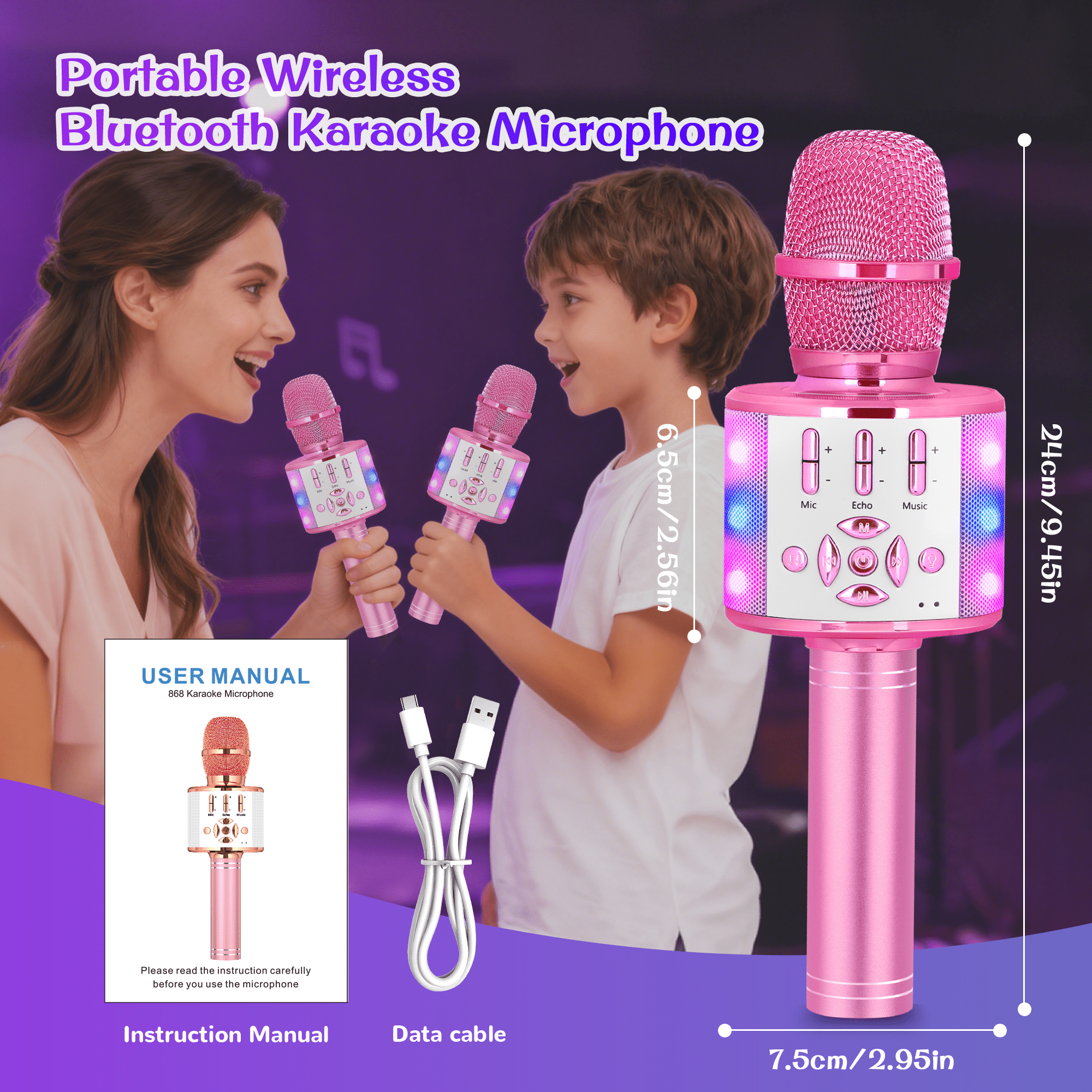 BONAOK Bluetooth Wireless Karaoke Microphone, Portable Handheld Karaoke Machine with LED Lights, Bluetooth Microphone Speaker Singing Gift for Kids Adults(Light Pink)