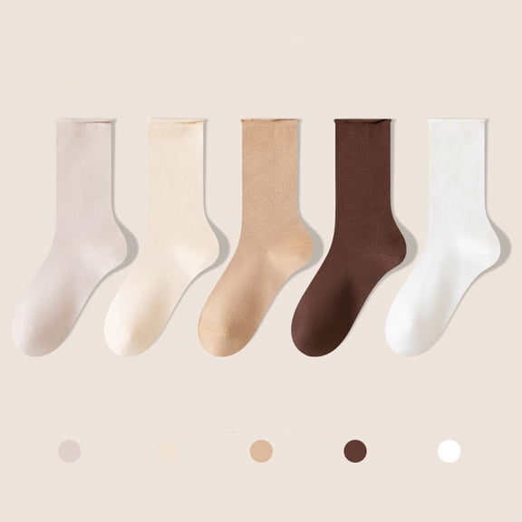 5 Pairs Womens Solid Crew Socks, Soft Casual Breathable Cotton Socks for Everyday Brown High Socks One Size