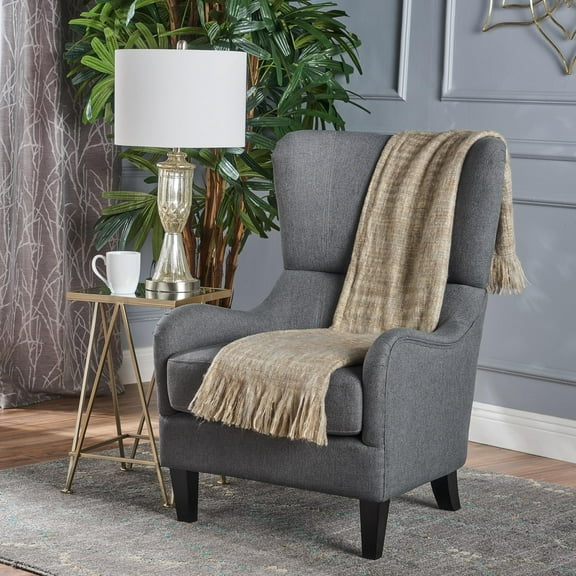 Set of 2 Mid- Modern Wingback Club Chairs, High-Back Fabric Accent Chairs with Warm Wings for Living Room, Office or Studio in Dark Gray