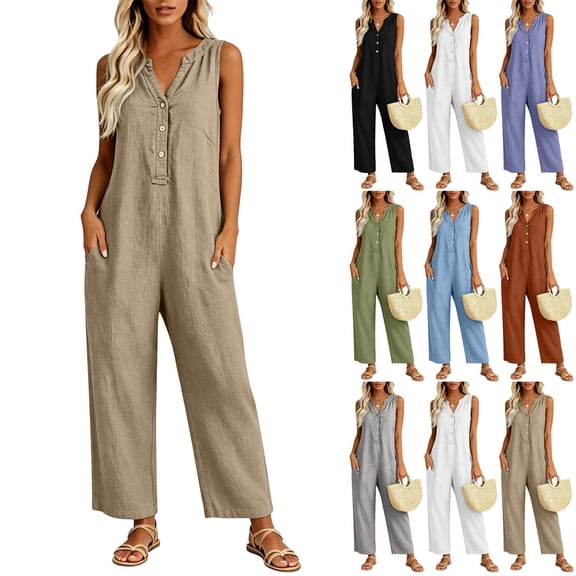 Womens Cotton Jumpsuits Sleeveless Summer V Neck Loose Fit Button Down Romper Straight Leg Loungewear with Pockets,Black,L