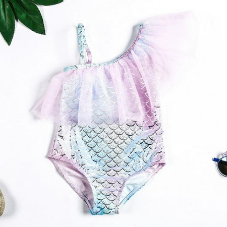 

URMAGIC Toddler Baby Girls Swimsuits Adjustable One Shoulder Bathing Suit Mermaid 3D Printed Swimwear 1-Piece Rashguard