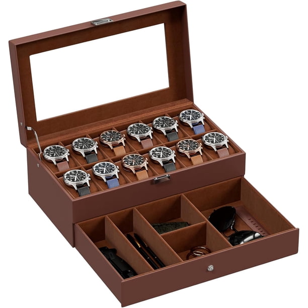 ProCase Caja para Reloj de 12 Ranuras, Estuche Organizador de Relojes de 2 Capas con Tapa Vidrio Armario Almacenamiento Porta Reloj para Hombres y Mujeres (Café)