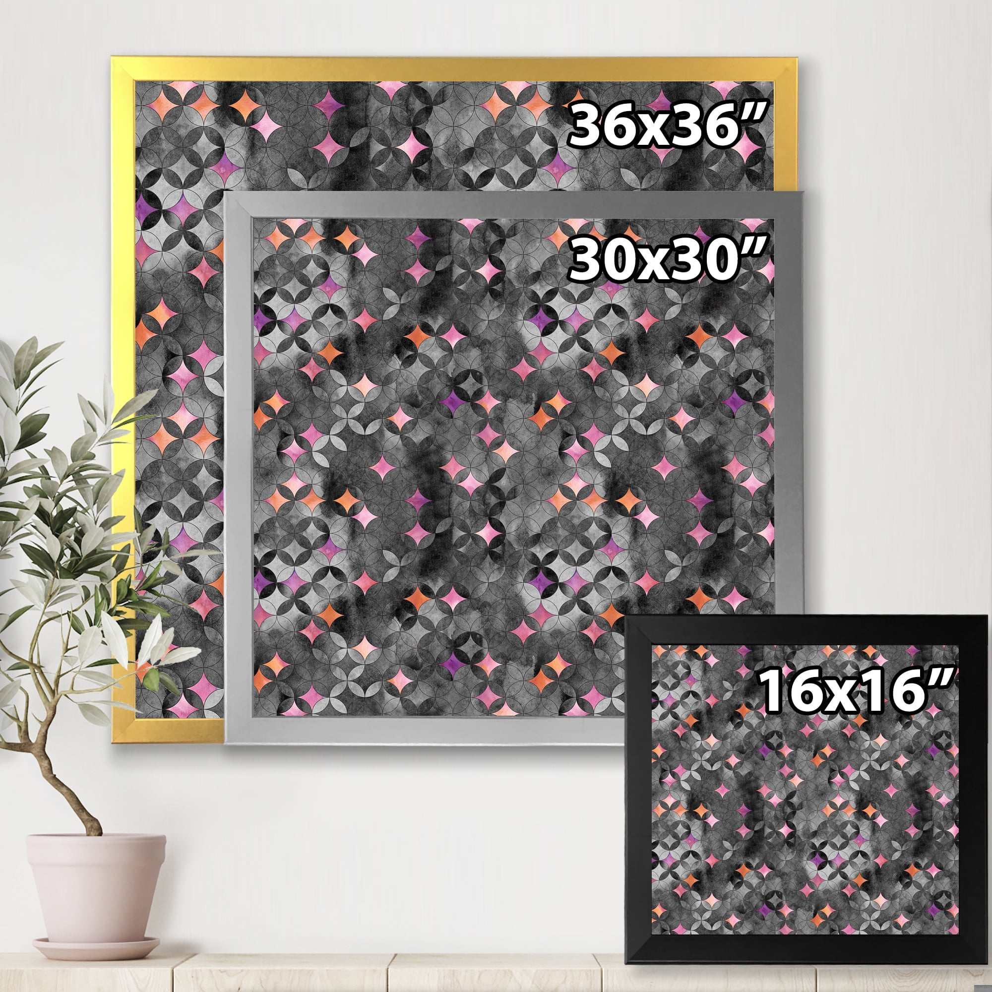 Designart 'Geometry Pink Stars With Intersecting Circles' Modern Framed Art Print