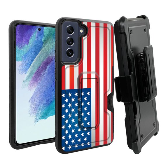 ANJ  Rugged Dual Layer Hybrid Holster Kickstand Case w/ Card Slot   Tempered Glass Cover for Samsung Galaxy S21 FE 5G - American Flag