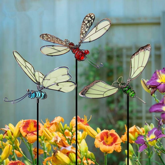 Juegoal Piquets de Jardin Papillon 20 Pouces, Piquets Libellule, Art de Cour en Métal Phosphorescent pour Maman, Cadeaux Idéaux pour la Fête des Mères, Ornements de Pelouse Intérieure Extérieure, Ensemble de 3