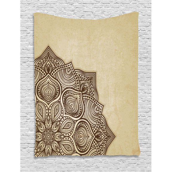 Brown Mandala Tapestry, Close Up Detail of Hand-Drawn Oriental Flower in Mehndi Henna Style, Wall Hanging for Bedroom Living Room Dorm Decor, 60W X 80L Inches, Beige and Brown, by Ambesonne