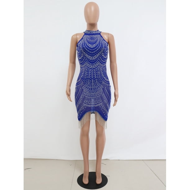 Kricesseen Sexy Glitter Rhinestone Crystal Tassel Hem Mini Dress Summer Women Off The Shoulder Bodycon Night Clubwear DressM Gao Jinjia LED