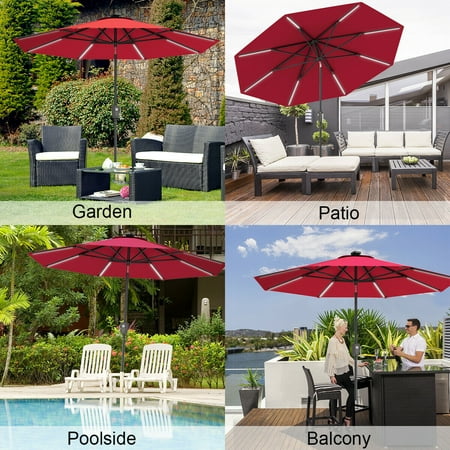 Gymax 9 Ft Patio Waterproof Solar Umbrella Led Light Tilt Red Walmart Canada