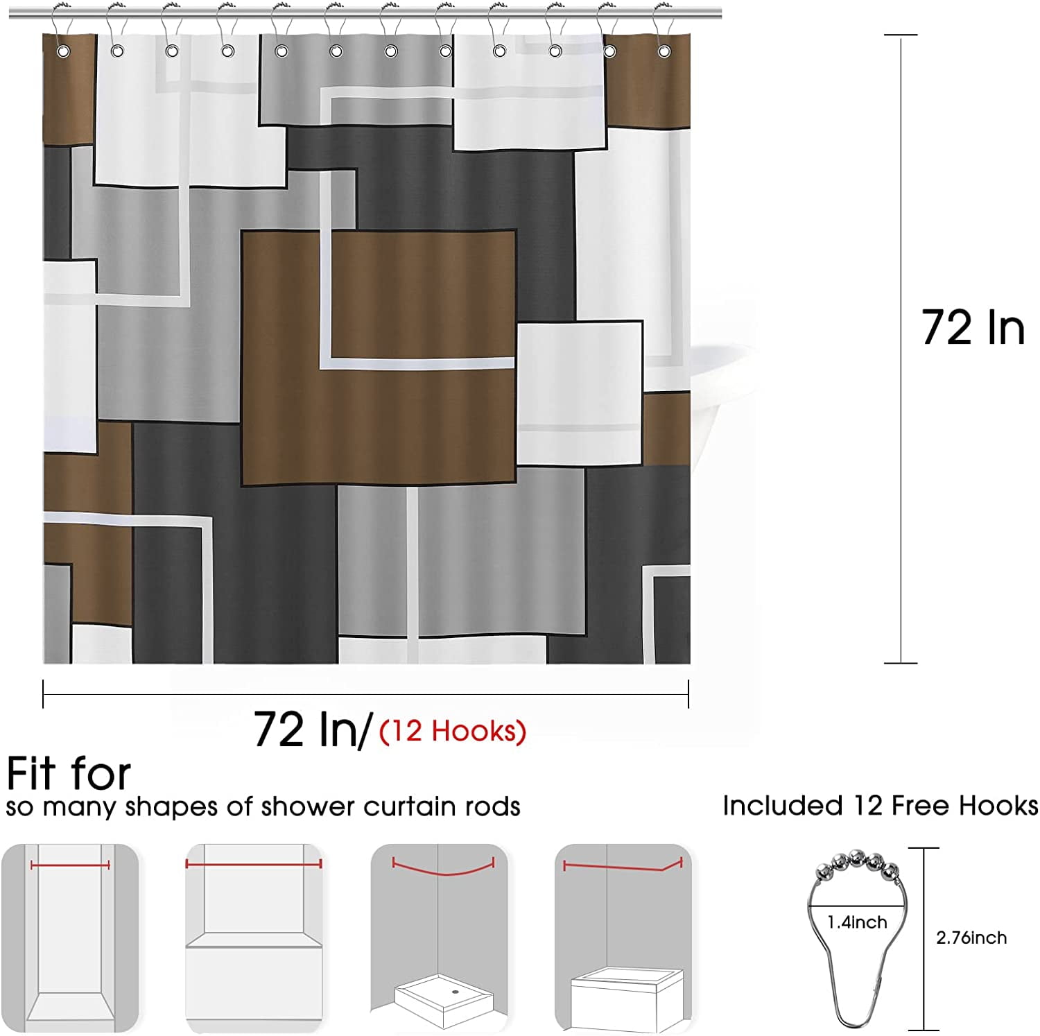 Brown Shower Curtain Set Modern Shower Curtains for Bathroom Fabric Brown and White Shower Curtain Abstract Geometric Decorative Bath Curtains Gray Shower Curtain Water Repellent 72x72 Inch