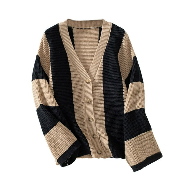 Chaquetas y abrigos casuales sin capucha de manga larga para mujer, suéter de punto holgado de invierno con contraste de color, cárdigan de manga larga, abrigo superior de poliéster para mujer