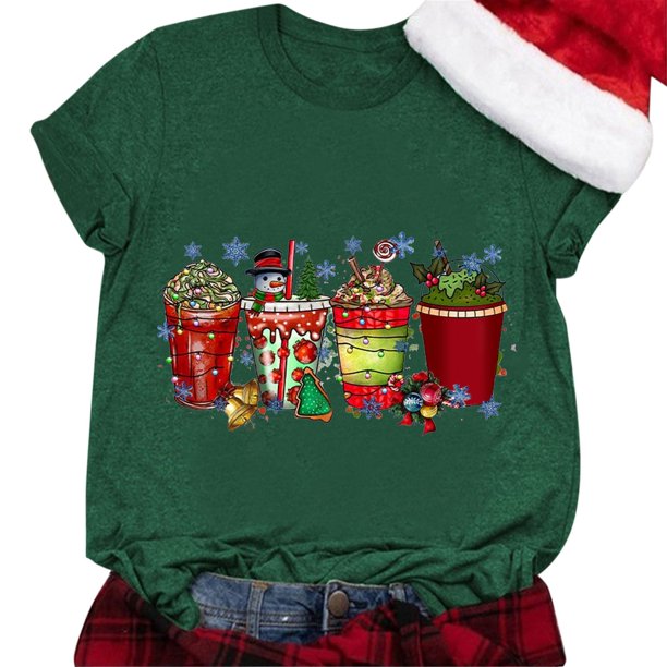 Gibobby Tops navideños para mujer Navidad Casual Navidad Muñeco de nieve Impresión Cuello redondo Manga corta Camiseta suelta Blusa Tops(Verde,XG)