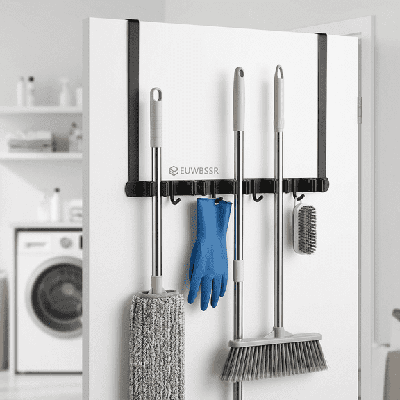Mop and Broom Holder Wall Mount,Over the Door Broom Organizer with 2 Hooks, Stainless Steel Drill-Free Storage Rack for Bathroom, Kitchen, Garage
