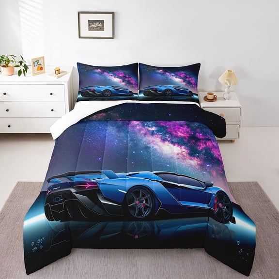 Galaxy Car Comforter Set Blue Race Car Bedding Set Teens Universe Starry Sky Sports Car Comforter Extreme Sports Theme Design Quilt Set Room Decor
