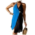 thumbnail image 5 of Qzwdhjm Womens Crochet Bathing Suit Coverup Halter Color Block Mini Dress Sleeveless Wrap Swimsuit Coverups Beach Loungewear Cover Up, 5 of 7