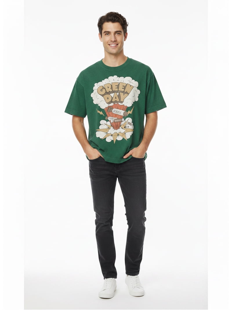 Green Day Men's and Men's Big & Tall Mineral Wash Boxy Graphic Tee