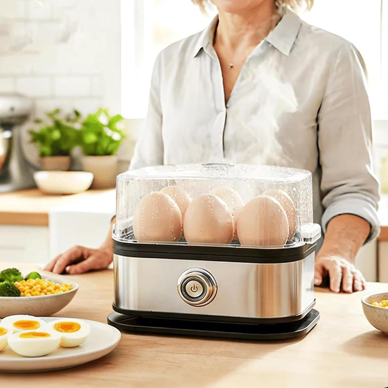 Multifunctional Egg Steamer with Clear Lid, Electric Egg Cooker 6 Egg Capacity, Compact Kitchen Eggs Steaming Pot, Mini Food Steamer for Soft Medium Hard Boiled Eggs (1pcs)