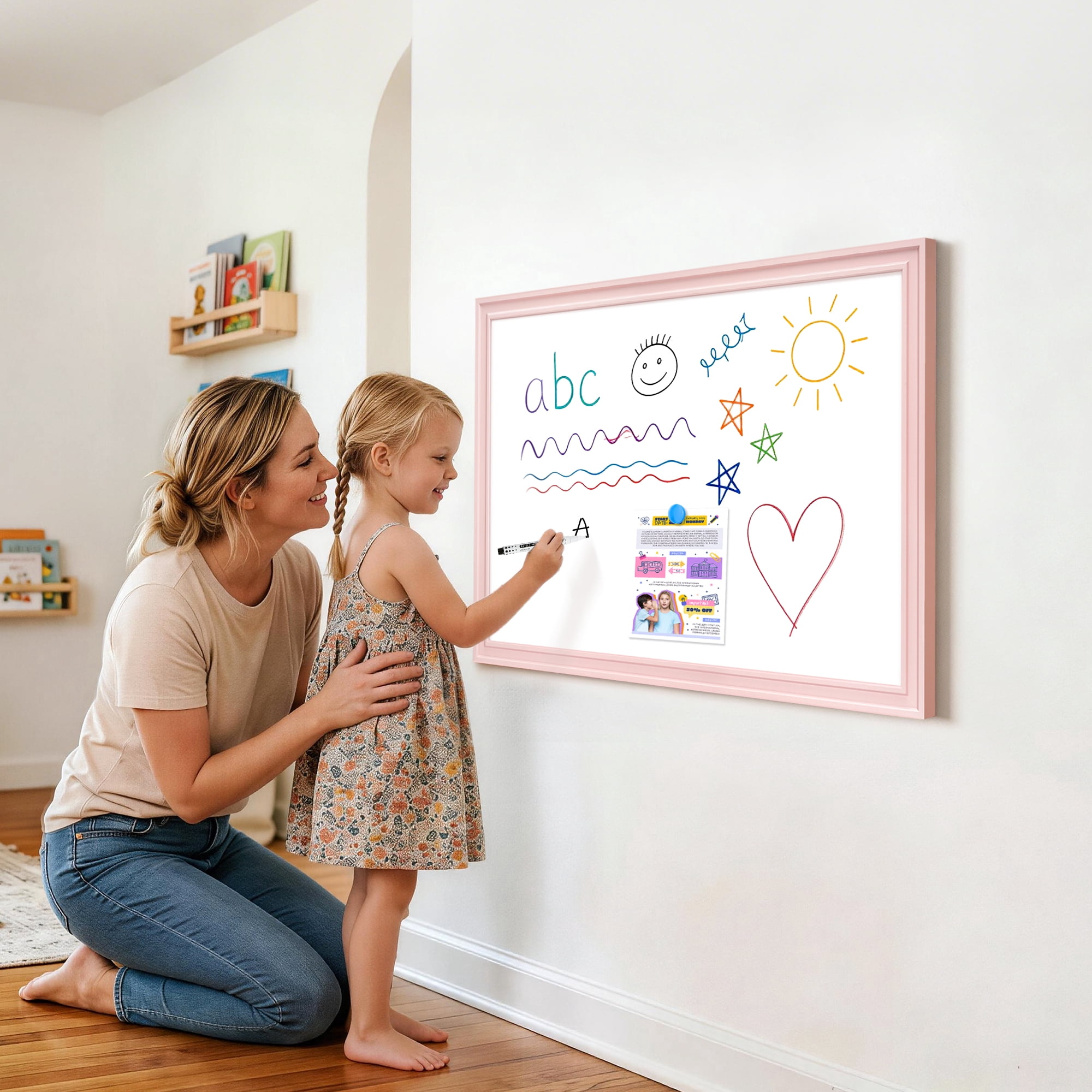 DOLLAR BOSS White Board Magnetic Whiteboard Dry Erase Board 24 X 18 Inches for Home School Office Wall Mount Magnetic Board Includes 1 Eraser & 4 Markers & 8 Magnets, Pink Wooden Frame
