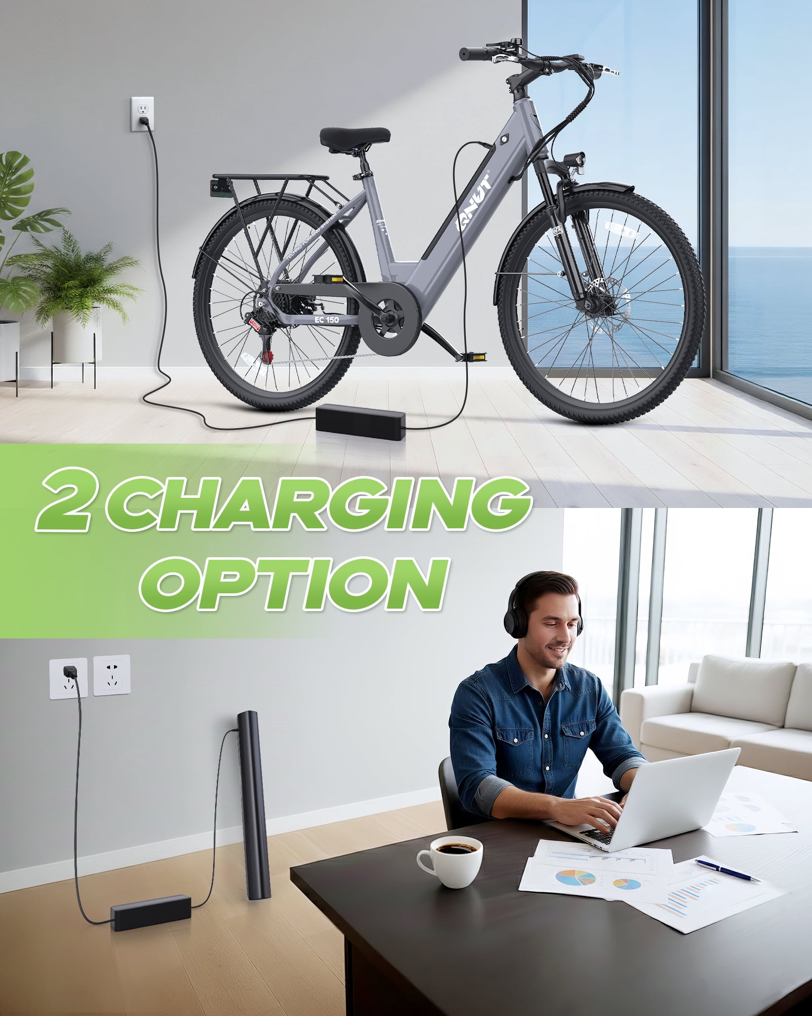 QNUT Electric Bike , 26" 1200W Peak with 48V Battery 7 Speed 20MPH 65 Miles Ebike Step Through Commuter E bike for Adults