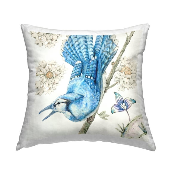 Stupell Industries Blue Jay Perched Florals Decorative Printed Throw Pillow Design by Evelia Designs.