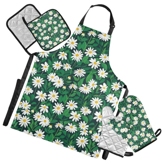 Daisies Flowers with Green Leaves 5 Pcs Kitchen Set Heat Resistant Oven Mitts and Non-Slip Pot Holders with Adjustable Cooking Apron