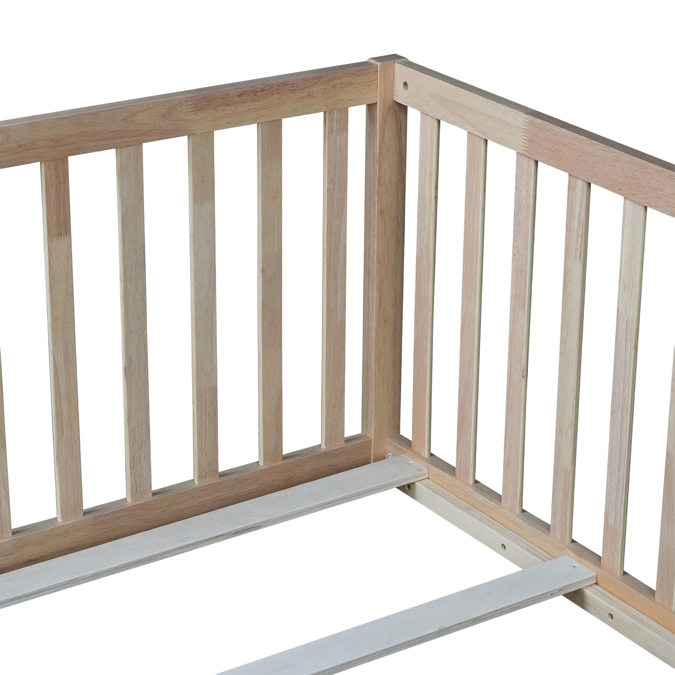 PORKISS Twin Size Floor Bed with Door and Fence, Twin Size Bed Frame with Bed Slats, Sturdy Wood Floor Bed for Kids, Boys, Girls, Montessori Bed Frame, Natural