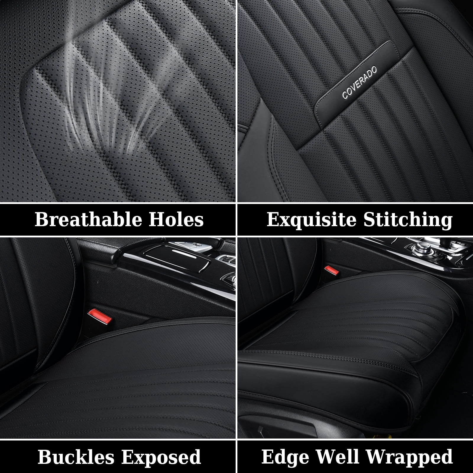 Coverado Car Seat Covers Full Set, Black Front and Rear Seat Protectors, Waterproof Faux Leather Universal Fit for Most Cars