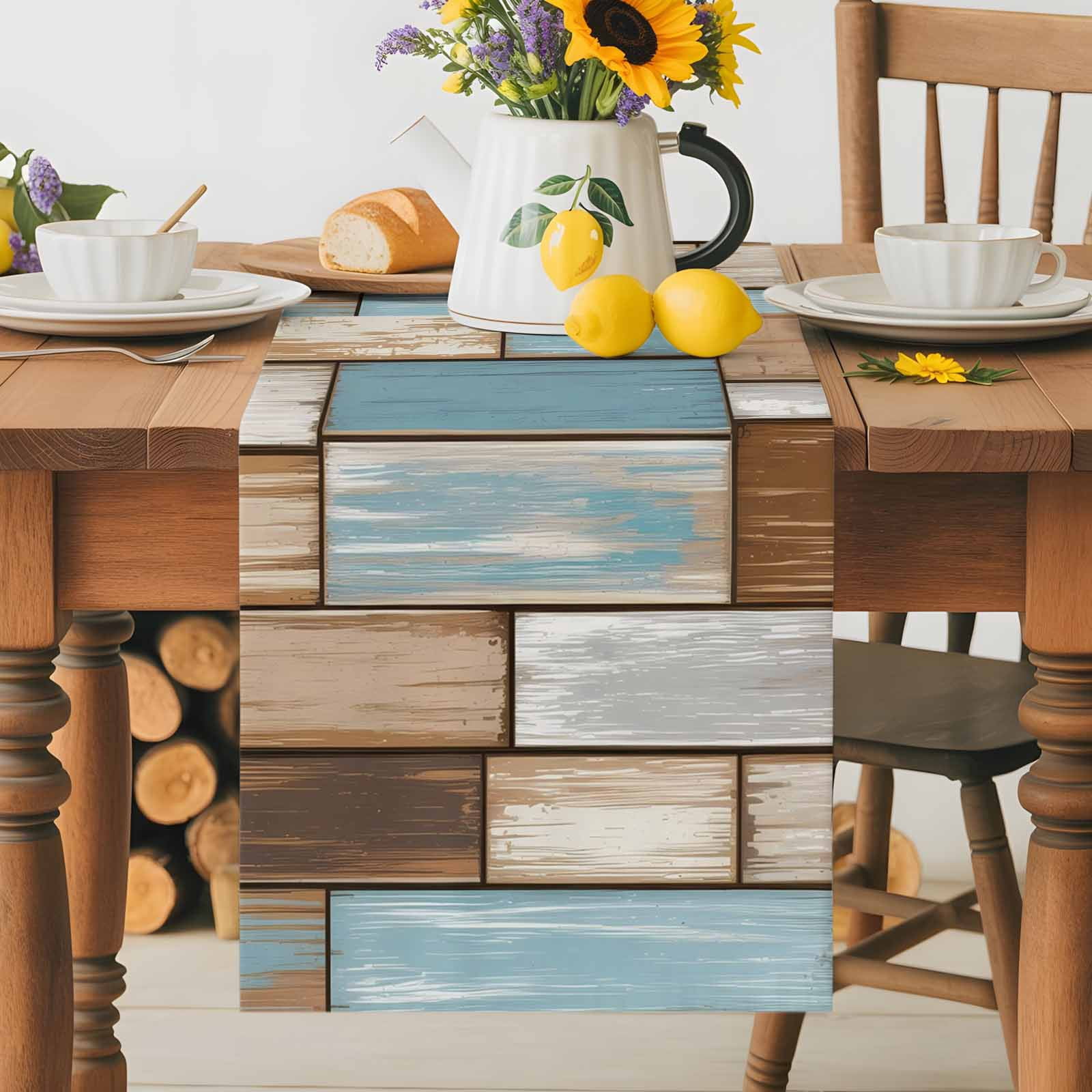 Vintage Farmhouse Wooden Board Table Runner 90 Inches Long, Rustic Blue Brown Wood Plank Table Runners Tabletop Scarf Kitchen Dining Tables Decoration for Home Party Indoor Outdoor