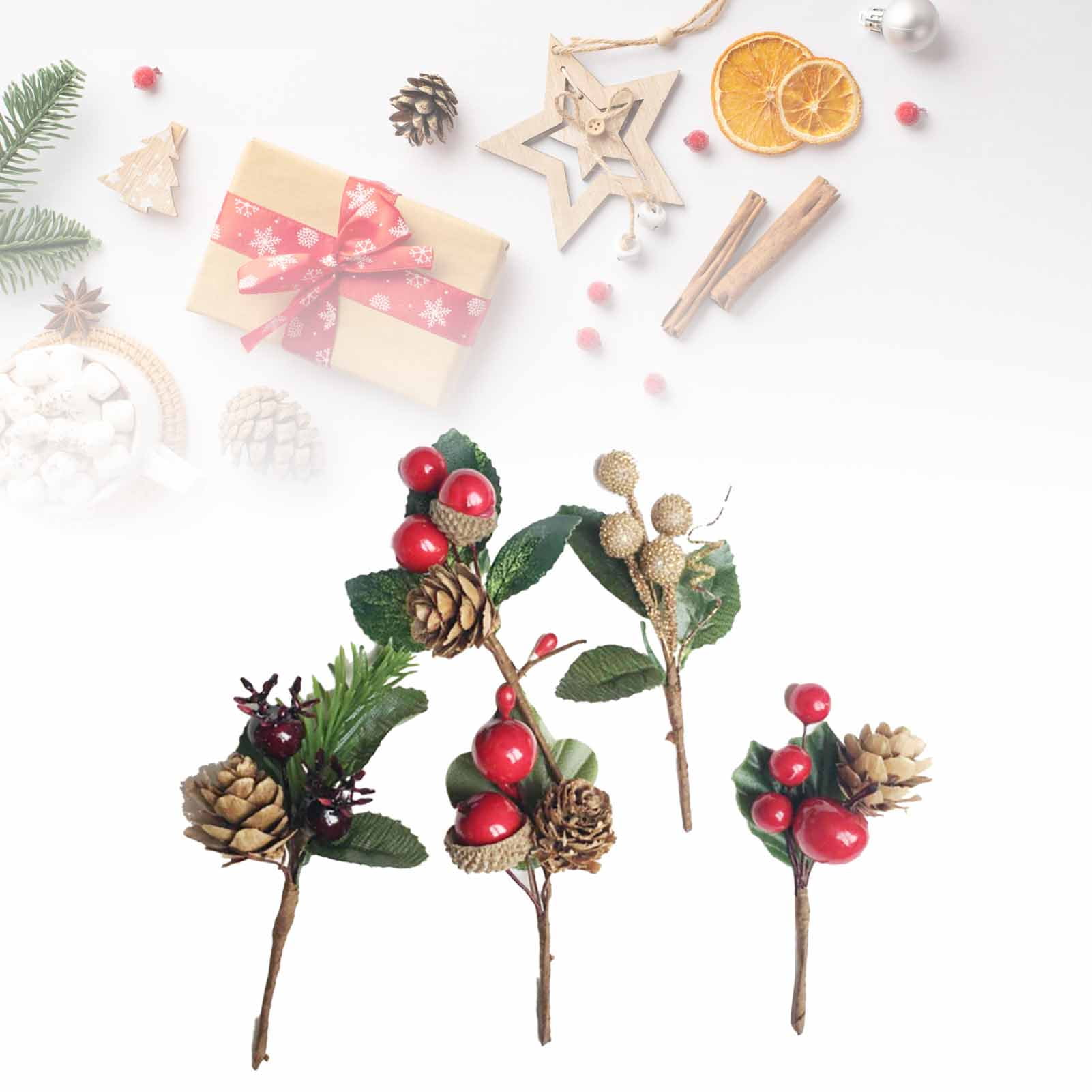 12 Sets(60Pcs) Red Berries Pine Cones Artificial Flowers - Plastic Dried Flower Card Accessories for Gift Package Wedding Party Holiday DIY Decorations