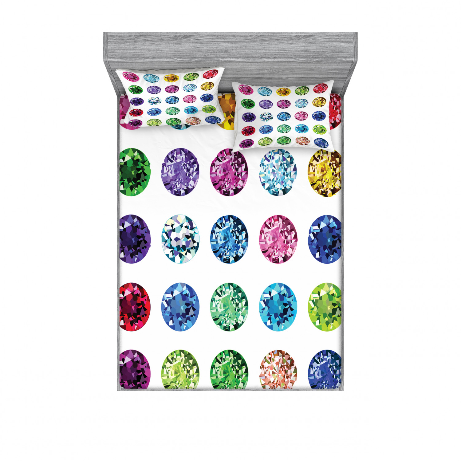 Diamond Bedding Set with Sheet & Covers, Round Oval Gems Diamonds Emerald Supreme Sublime Worth