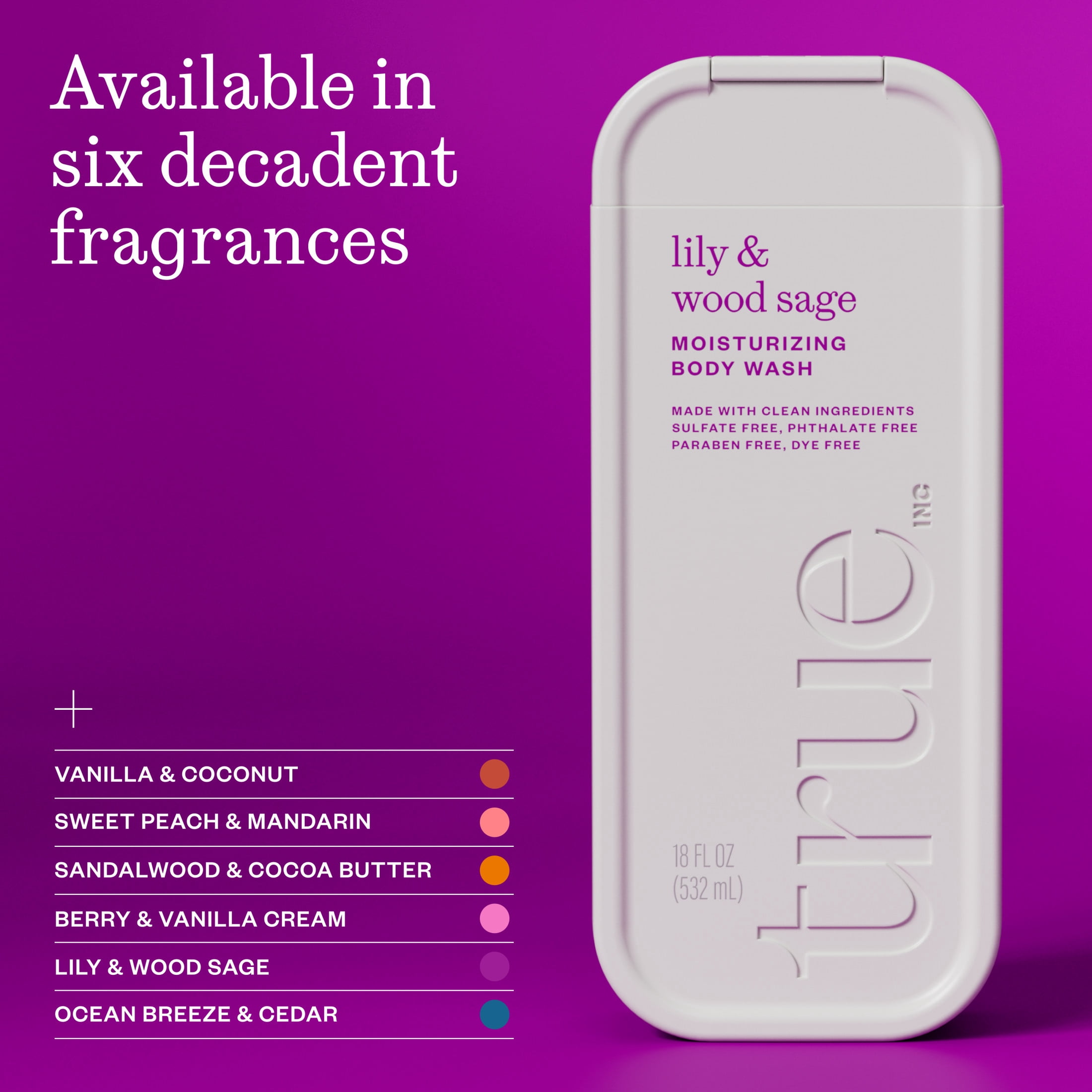 True Lily & Wood Sage Body Wash, Sulfate-Free, Moisturizing and Hydrating Formula for Women & Men, 18 fl oz